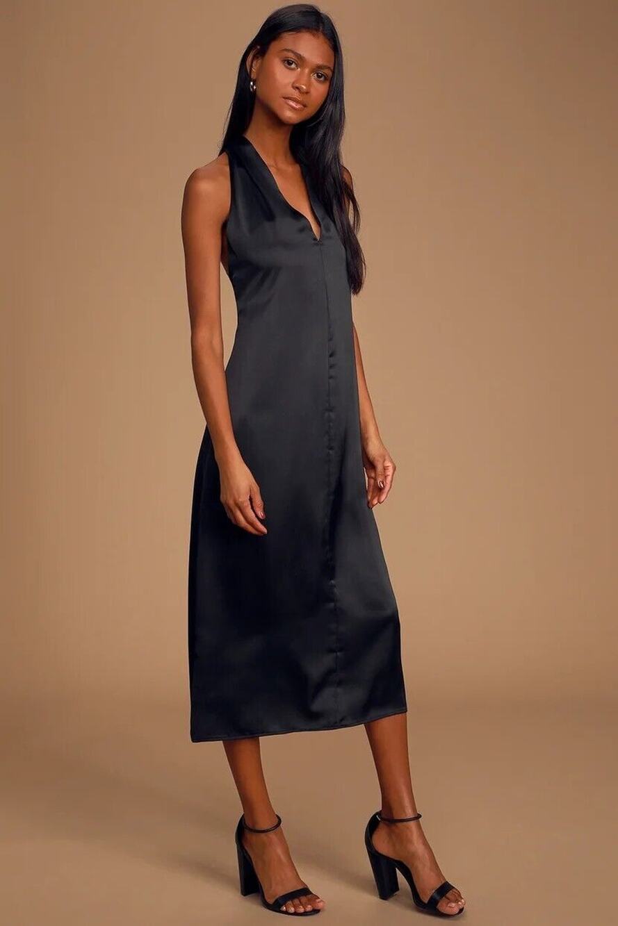 ANTROPOLOGIE Bishop + Young Camila Black Satin Twist Back Shift Dress Sz S NWT